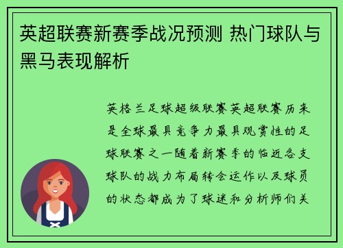 英超联赛新赛季战况预测 热门球队与黑马表现解析