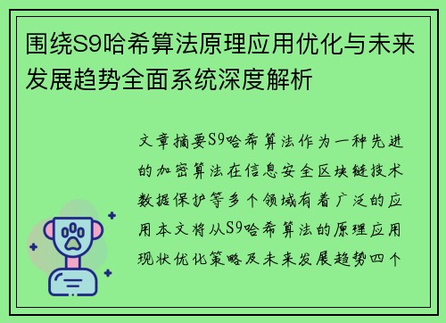 围绕S9哈希算法原理应用优化与未来发展趋势全面系统深度解析